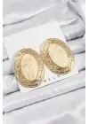 Pirinç Mermer Desenlli Bej Sedef Oval Vintage Model Gold Renk Kadın Küpe