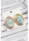 Pirinç Mermer Desenlli Mavi Sedef Oval Vintage Model Gold Renk Kadın Küpe