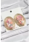 Pirinç Mermer Desenlli Pembe Sedef Oval Vintage Model Gold Renk Kadın Küpe