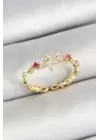 Pirinç Papatya Figürlü Zirkon Taşlı Gold Renk Ayarlanabilir Kadın Yüzük