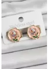 Pirinç Pembe Mineli Çiçek Figürlü Sanatsal Portre Model Gold Renk Kadın Küpe