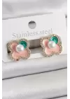 Pirinç Pembe Mineli İnci Detaylı Zirkon Taşlı Sanatsal Portre Yonca Model Gold Renk Kadın Küpe