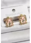 Pirinç Pembe Mineli Sanatsal Portre Model Gold Renk Kadın Küpe