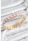 Pirinç Pembe Zirkon Taşlı Kare Model Gold Renk Lastikli Kadın Bileklik