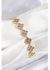 Pirinç Pembe Zirkon Taşlı Yonca Model Gold Renk VIP Seri Kadın Bileklik