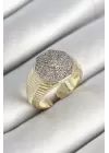 Pirinç Sekizgen Figür Zirkon Taşlı Gold Renk Ayarlanabilir Kadın Yüzük
