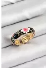Pirinç Siyah Mineli Çiçek Motifli Gold Renk Ayarlanabilir Kadın Yüzük