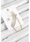 Pirinç Üçgen Figürlü Zirkon Taşlı Gold Renk 3lü Kıkırdak Kadın Küpe Set