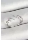 Pirinç Yaprak Figürlü Zirkon Taşlı Gümüş Renk Ayarlanabilir Kadın Yüzük