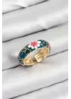 Pirinç Yeşil Mineli Çiçek Motifli Gold Renk Ayarlanabilir Kadın Yüzük