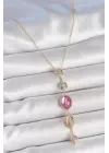 Pirinç Zincir Gold Renk Pembe Zirkon Taşlı Y Kolye