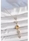 Pirinç Zincir Kehribar Sarı Gold Renk  Zirkon Taşlı Y Kolye