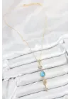 Pirinç Zincir Mavi Gold Renk Zirkon Taşlı Y Kolye