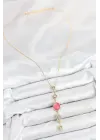 Pirinç Zincir Pembe Gold Renk Zirkon Taşlı Y Kolye