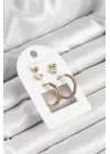 Pirinç Zirkon Taş Ve Kemik Halka Figürlü Gold Renk 3lü Çift Kadın Küpe Set