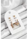 Pirinç Zirkon Taş Ve Yıldız Figürlü Gold Renk 3lü Çift Kadın Küpe Set