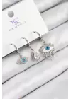 Pirinç Zirkon Taşlı 3lü Fatmanın Gözü Model Gümüş Renk Kadın Küpe