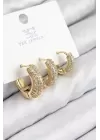 Pirinç Zirkon Taşlı 3lü Halka Model Gold Renk Kadın Küpe