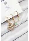 Pirinç Zirkon Taşlı 3lü İstiridye Ve Yıldız Model Gold Renk Kadın Küpe