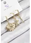 Pirinç Zirkon Taşlı 3lü İstiridye Ve Yıldız Model Gold Renk Kadın Küpe