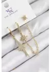 Pirinç Zirkon Taşlı 3lü Kutup Yıldızı Model Gold Renk Kadın Küpe