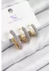 Pirinç Zirkon Taşlı 3lü Oval Dikdörtgen Model Gold Ve Gümüş Renk Kadın Küpe
