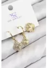 Pirinç Zirkon Taşlı 3lü Yonca Model Gold Renk Kadın Küpe