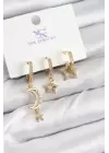 Pirinç Zİrkon Taşlı Ay Ve Hilal Model Gold Renk 3lü Kadın Küpe