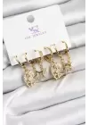 Pirinç Zİrkon Taşlı Ay ve Yıldız Model Gold Renk 3lü Çift Kadın Küpe