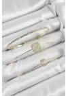 Pirinç Zirkon Taşlı Baget Model Gold Renk Vip 3lü Kadın Bileklik