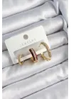 Pirinç Zirkon Taşlı Bordo Halka Model Gold Renk 3lü Çift Kadın Küpe Set
