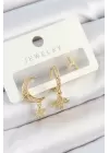 Pirinç Zirkon Taşlı Çiçek Ve Ay Model Gold Renk 3lü Çift Kadın Küpe Set