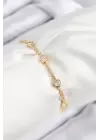 Pirinç Zirkon Taşlı Daire Model Gold Renk Asansörlü Kadın Bileklik