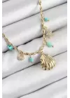 Pirinç Zirkon Taşlı Deniz Kabuğu Model Gold Renk Kadın Kolye