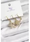Pirinç Zİrkon Taşlı Deniz Yıldızı Ve İstiridye Model Gold Renk 3lü Kadın Küpe
