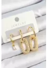 Pirinç Zirkon Taşlı Dikdörtgen Model Gold Renk 3lü Çift Kadın Küpe Set