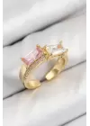 Pirinç Zirkon Taşlı Dikdörtgen Model Gold Renk Kadın Yüzük