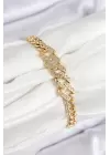 Pirinç Zirkon Taşlı Ezme Küba Zincir Model Gold Renk Kadın Bileklik