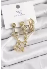 Pirinç Zİrkon Taşlı Geometrik Model Gold Renk 3lü Kadın Küpe