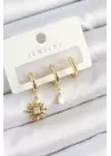 Pirinç Zirkon Taşlı Güneş Model Gold Renk 3lü Çift Kadın Küpe Set