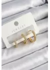 Pirinç Zirkon Taşlı Halka Model Gold Renk 3lü Çift Kadın Küpe Set