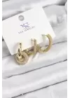 Pirinç Zİrkon Taşlı Halka Model Gold Renk 3lü Kadın Küpe