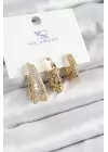 Pirinç Zİrkon Taşlı Halka Model Gold Renk 3lü Kadın Küpe