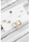 Pirinç Zirkon Taşlı Halka Model Gold Renk 925 Ayar Gümüş Çivi Kadın Küpe Set