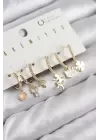 Pirinç Zirkon Taşlı Hello Kity Ve Yonca Model Gold Renk 6lı Küpe Set