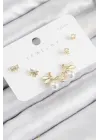 Pirinç Zirkon Taşlı İnci Melek Model Gold Renk 925 Ayar Gümüş Çivi Kadın Küpe Set