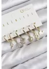 Pirinç Zirkon Taşlı İstiridye Balina Ve Yıldız Gold Renk 6lı Küpe Set