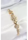 Pirinç Zirkon Taşlı Kalp Detaylı Çiçek Model Gold Renk Kadın Bileklik