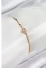 Pirinç Zirkon Taşlı Kalp Model Ezme Zincir Gold Renk Kadın Bileklik