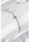 Pirinç Zirkon Taşlı Kalp Model Ezme Zincir Gümüş Renk Kadın Bileklik